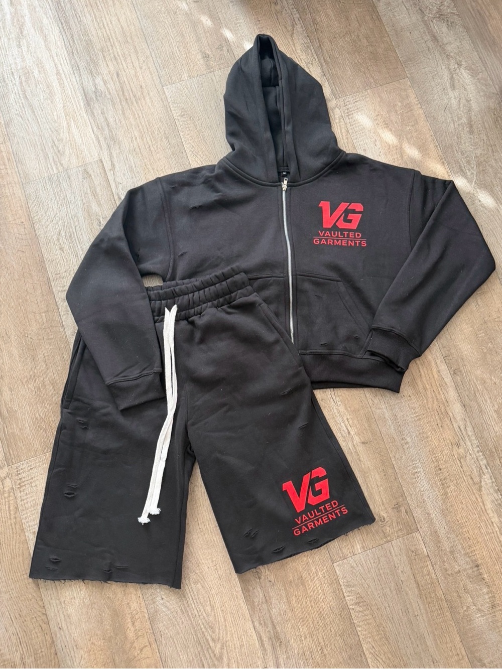 Black Zip Hoodie & Shorts Set with Red Logo